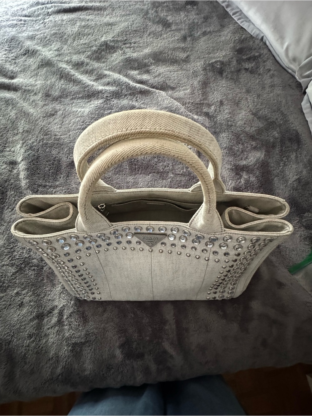 Prada Crystal-Studded Beige/Grey Canvas Tote - Picture 6 of 7